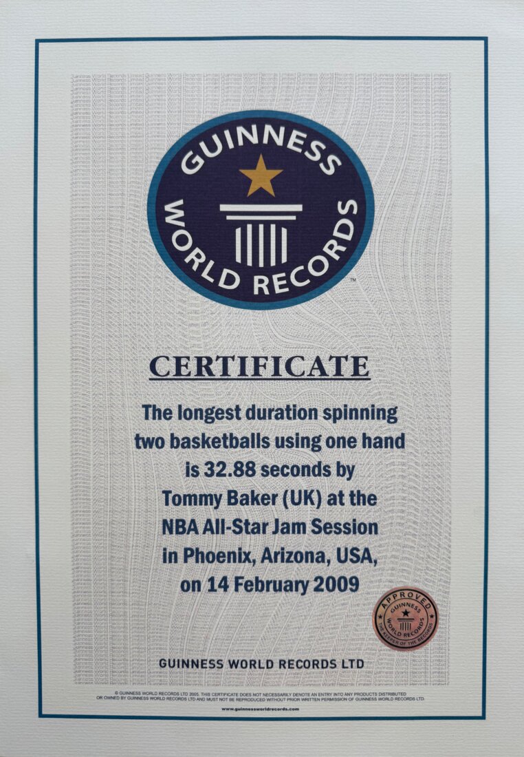 Guinness World Record certificate: longest duration spinning two basketballs using one hand, 32.88 seconds, Phoenix, 2009