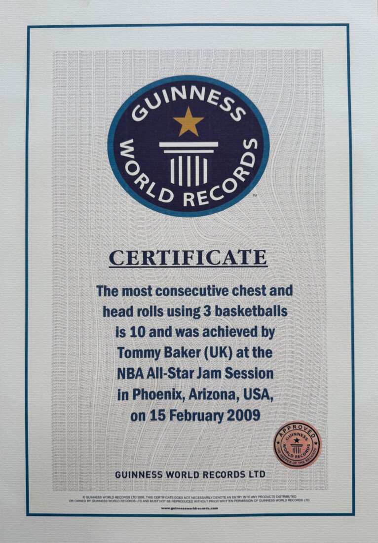 Guinness World Record certificate: most consecutive chest and head rolls using 3 basketballs, Phoenix, 2009