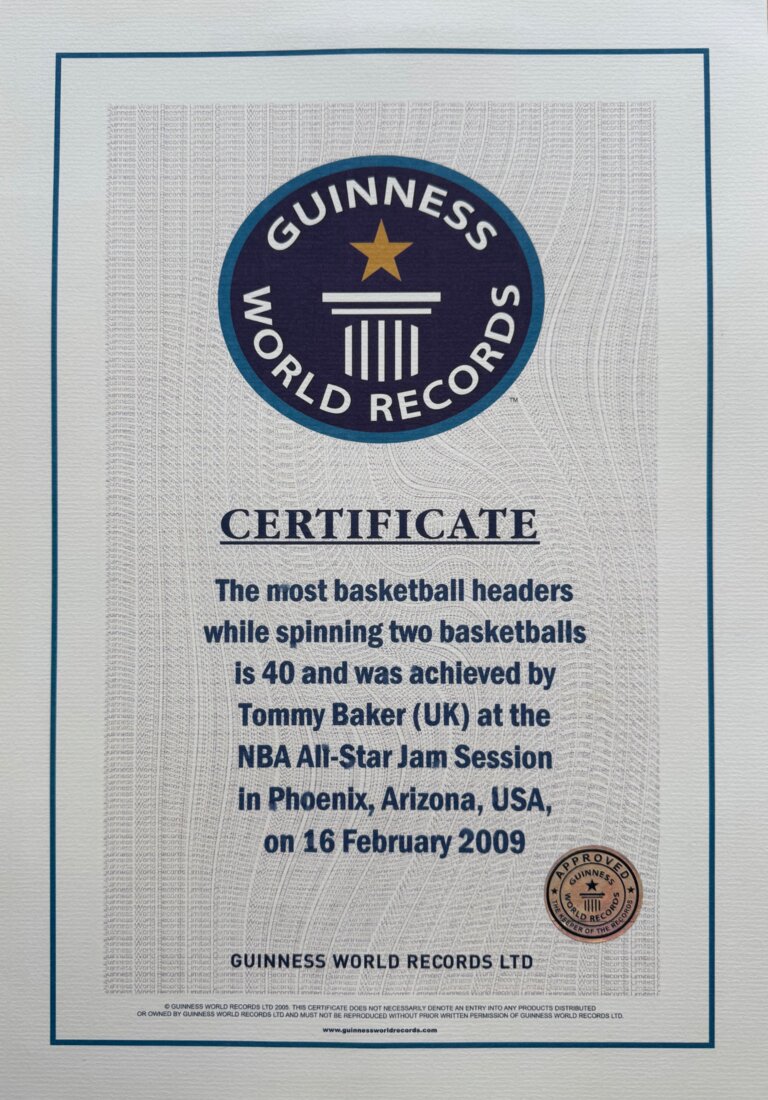 Guinness World Record certificate: most basketball headers while spinning two basketballs, Phoenix, 2009