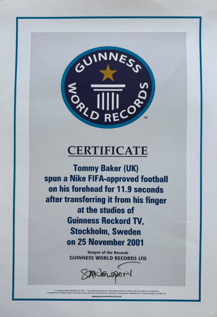 Guinness World Record certificate: spinning a football on forehead for 11.9 seconds, Stockholm, 2001